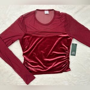 Wild Fable Women's Long Sleeve Mesh to Velour Party Top Deep Red Size M NEW